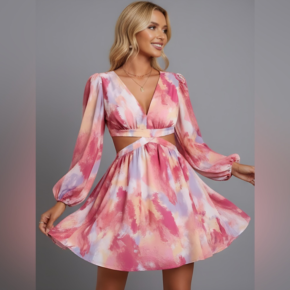 Cut Out A-Line V Neck Mini Dress